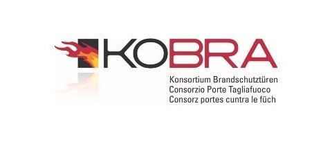 Tischler KOBRA Logo mit Flammensymbol und Text zu Brandschutztüren Konsortium