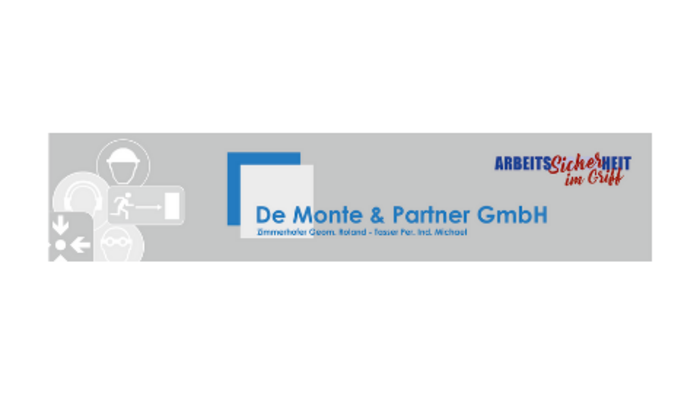 Mitglied werden Logo von De Monte & Partner GmbH mit Arbeitssicherheitssymbolen