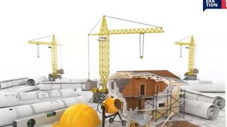 Webinare Baustelle mit Helm, Mischer und Kränen auf Bauplänen und Text zu Informationsveranstaltung