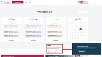 Klappboxen Website mit Veranstaltungen und Kalender für August 2021