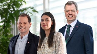 Junghandwerker Drei lächelnde Personen stehen vor einem Fenster mit Pflanzen im Hintergrund