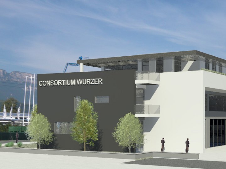 Ansiedlungen und Gewerbeflächen Modernes Bürogebäude Consortium Wurzer mit parkenden Autos und Personen