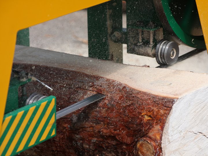 Sägewerker und Verpackungshersteller Bandsäge schneidet Baumstamm mit Holzspänen in der Luft