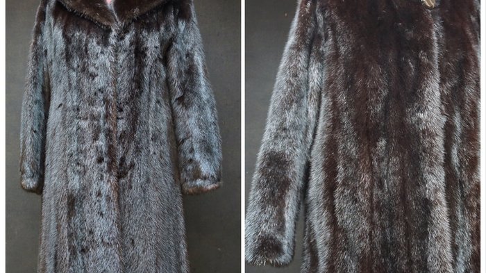 Kürschner Vorher-Nachher-Bild einer langen Pelzjacke, gekürzt und umgestaltet