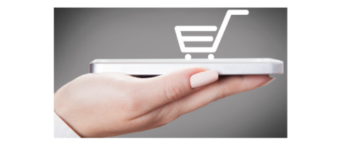 Unternehmensentwicklung Hand hält Smartphone mit Einkaufswagen-Symbol für Online-Shopping