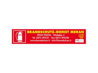 Mitglied werden Logo Brandschutz-Dienst Meran mit Feuerlöscher und Kontaktdaten.