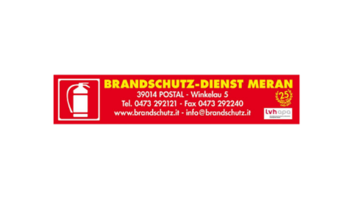 Mitglied werden Logo Brandschutz-Dienst Meran mit Feuerlöscher und Kontaktdaten.