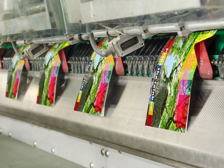 Drucker und Mediengestalter Druckmaschine druckt farbige Broschüren mit Baum und Naturmotiven
