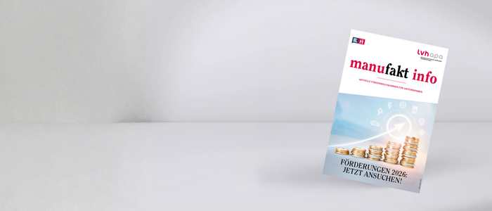 Förderungen und Finanzierungen Flyer mit Finanzinformationen und steigenden Münzstapeln zur Förderung 2026