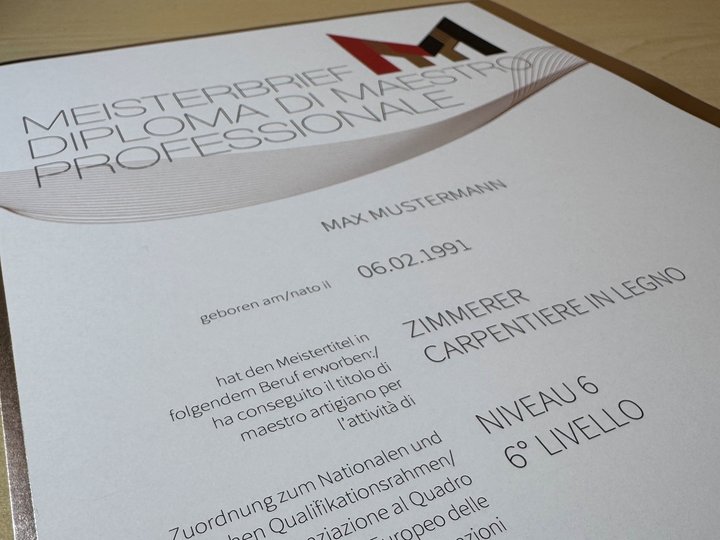 Meisterausbildung Meisterbrief für Zimmerer Max Mustermann mit Geburtsdatum 06.02.1991
