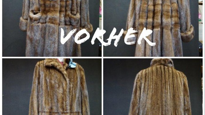 Kürschner Brauner Pelzmantel vorher und nachher Ansicht von vorne und hinten