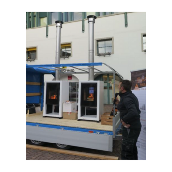 Kaminkehrer Mann betrachtet zwei Holzöfen auf einem Anhänger vor einem Gebäude