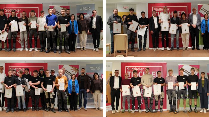 Giovani artigiani (lvh.apa) e giovani albergatori (HGJ) in visita alla Scuola media del convento delle Orsoline a Brunico Foto di gruppo di persone con certificati all'evento Südtiroler Tischler
