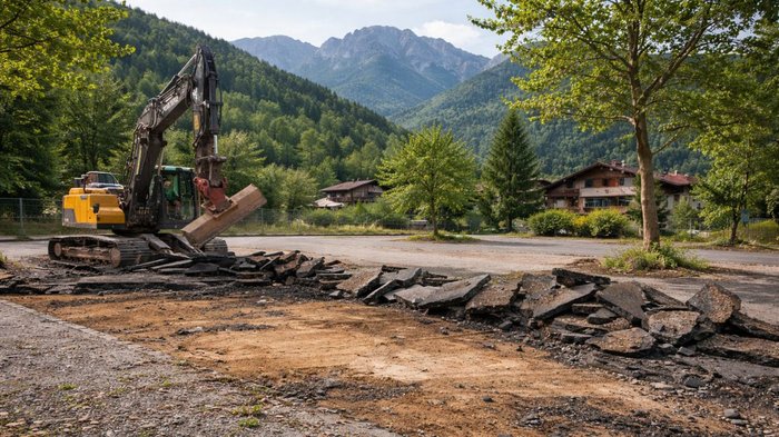 Junghandwerker im lvh und HGJ präsentieren praktische Berufe in Meran Bagger entfernt Asphalt vor Häusern in einem bewaldeten Tal mit Bergen
