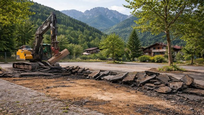 Home Bagger entfernt Asphalt vor Häusern in einem bewaldeten Tal mit Bergen