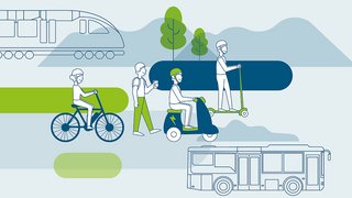 News Illustrazione di vari mezzi di trasporto ecologici come bici, monopattino elettrico, autobus e treno